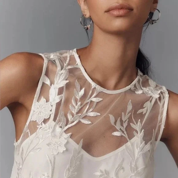 NWT ANTHROPOLOGIE Flat White Sheer Embroidered Mini Dress NWT Size M - Picture 7 of 11